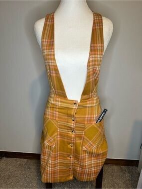 NWT ModCloth Mustard Yellow / Gold Plaid Jumper Mini Dress - Size XS